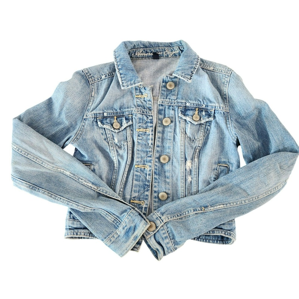 American‎ Eagle Womens Light Wash Distressed Cropped Denim Trucker Jacket XS